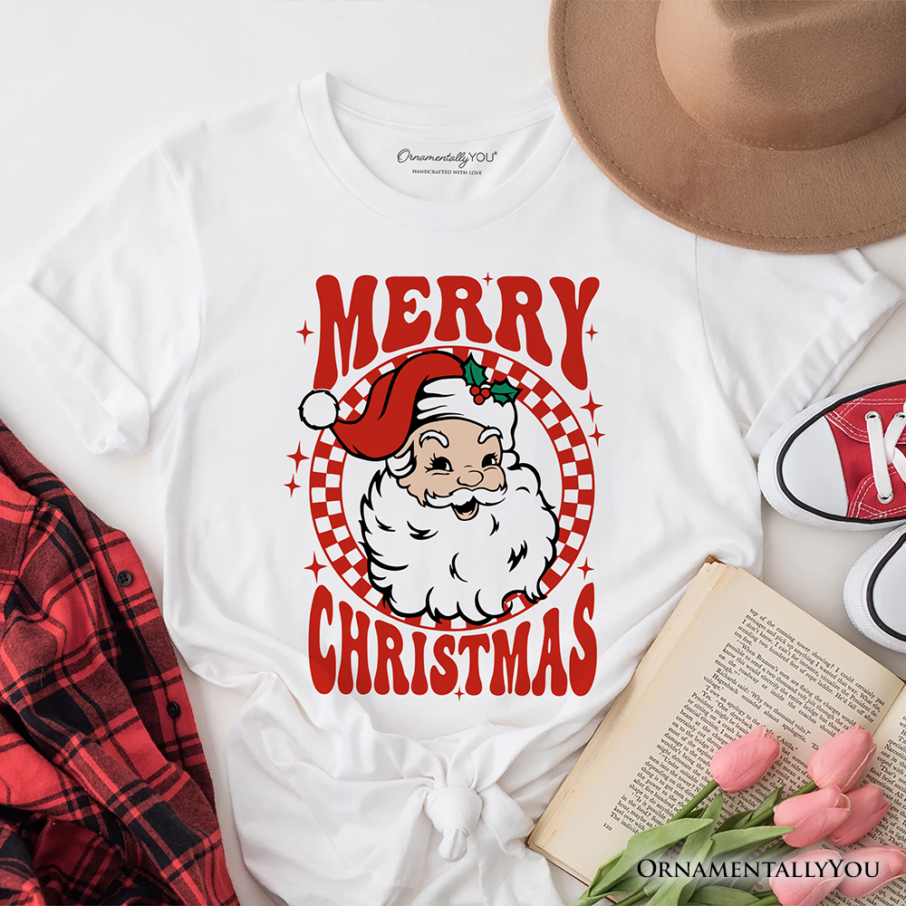 Merry Christmas Santa T‑Shirt, Retro Red Checkered Tee for Classic Holiday Season