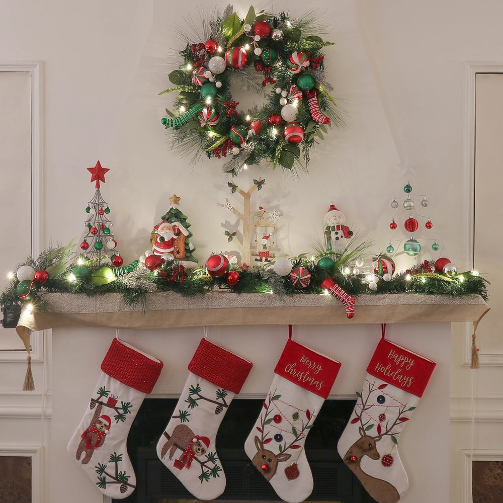 Merry and Bright Bold Christmas Sparkling Wreath, Red and Green Onrament Baubles and Stocking Decor , Holiday Door