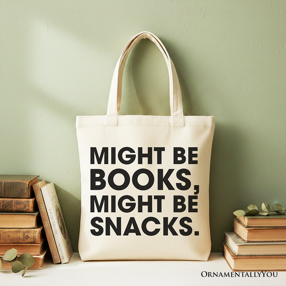 Might Be Books Might be Snacks Canvas Tote Bag, Minimalist Gift Shopper for Bookworms