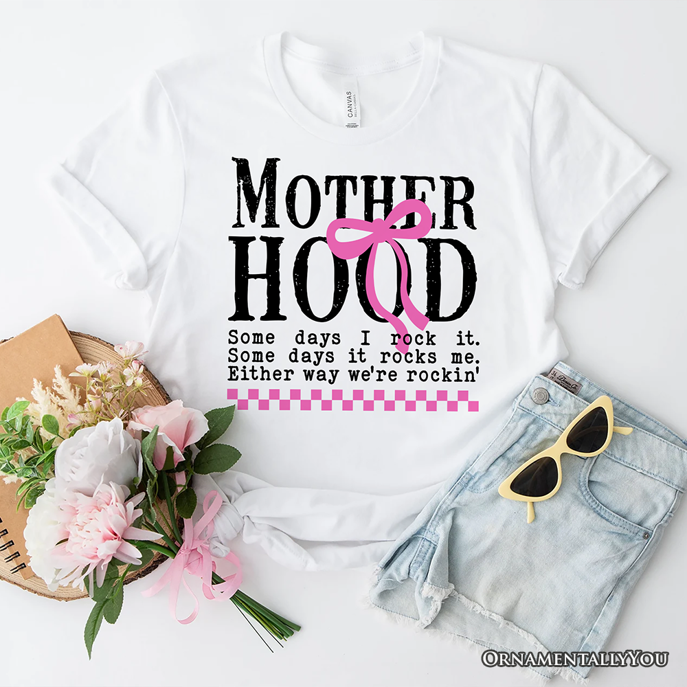 Motherhood Coquette Pink Bow T-Shirt, Retro Checkered White Tee for Sassy and Stylish Moms