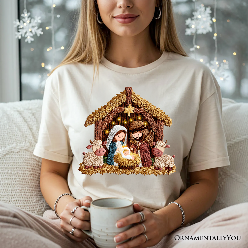 Nativity Holy Family Jesus Christmas T-Shirt, Imitation Latch Hook Yarn Cozy Christian Tee