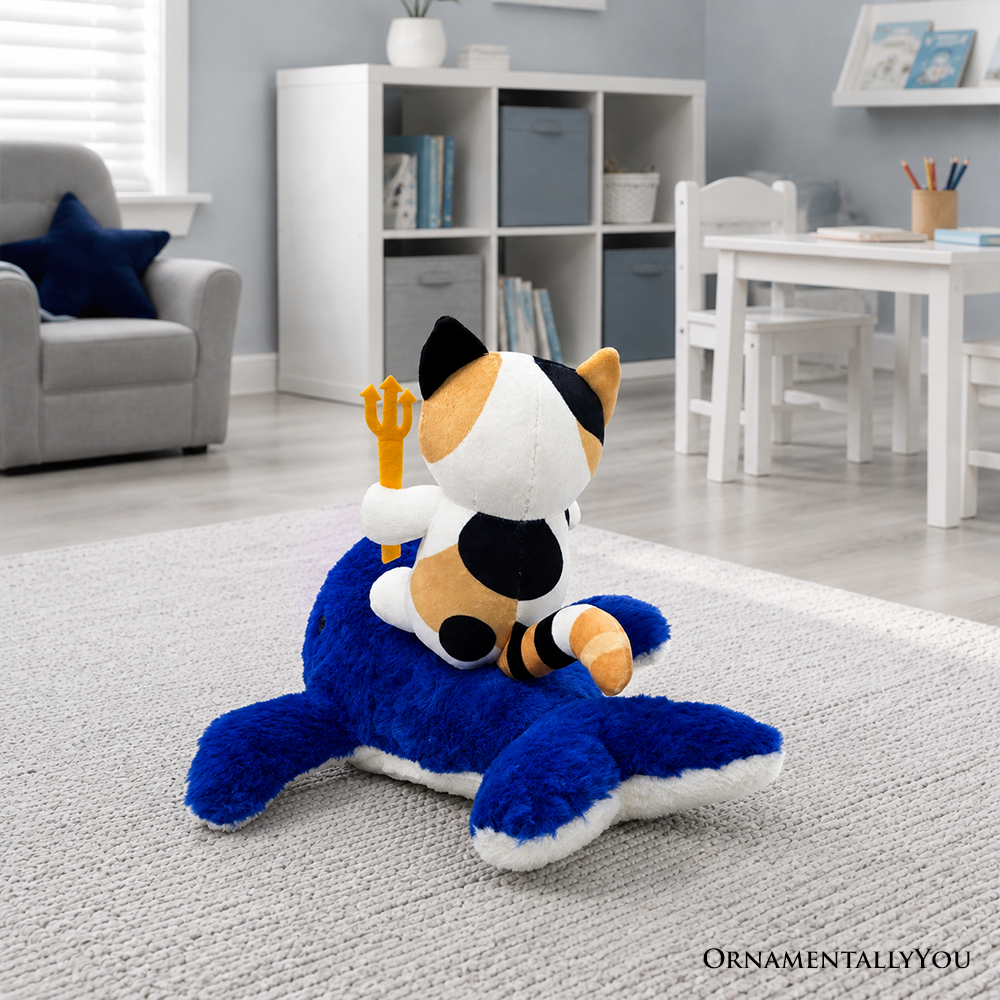 Pawseidon Cat Riding a Whale Plushie Set, 16" Funny Ocean Stuffed Animal Gift for Kids and Teens