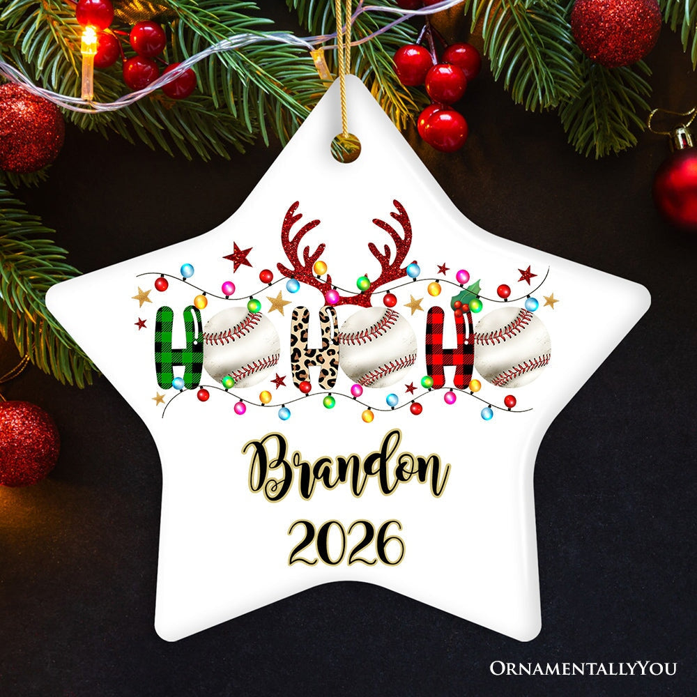 Personalized Baseball Buffalo Plaid and Leopard Christmas Ornament, Ho Ho Ho Football Gift
