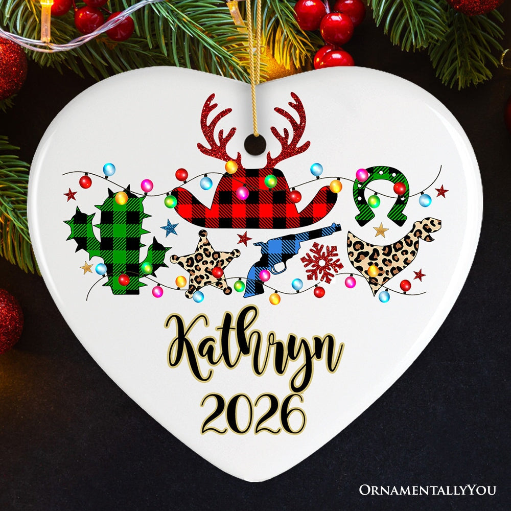 Personalized Buffalo Plaid Gunslinger Western Cowboy Style Christmas Ornament