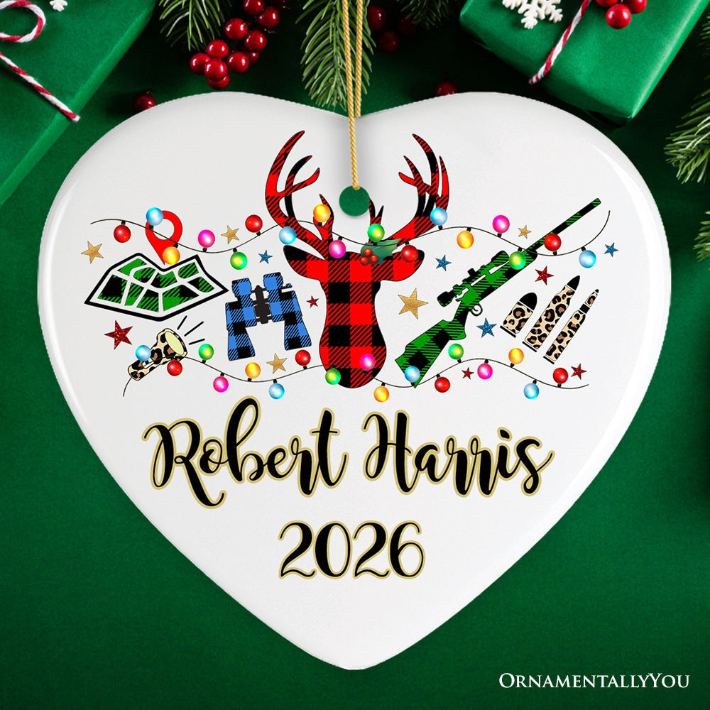 Personalized Buffalo Plaid Hunting Theme Christmas Ornament, Hunter Gift, Red and Green Deer and Gun