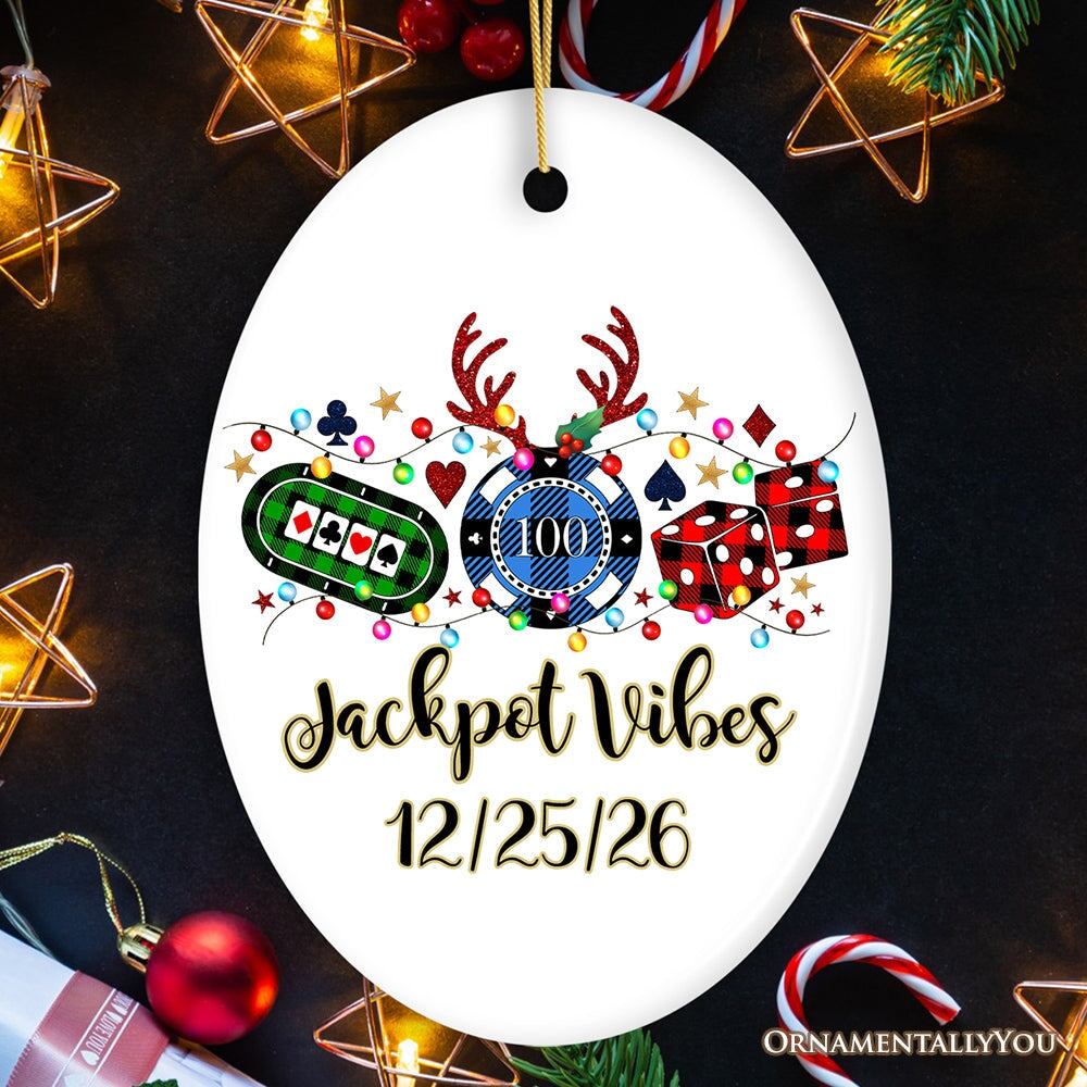 Personalized Casino Buffalo Plaid Christmas Ornament, Poker and Dice, Player and Staff Gift