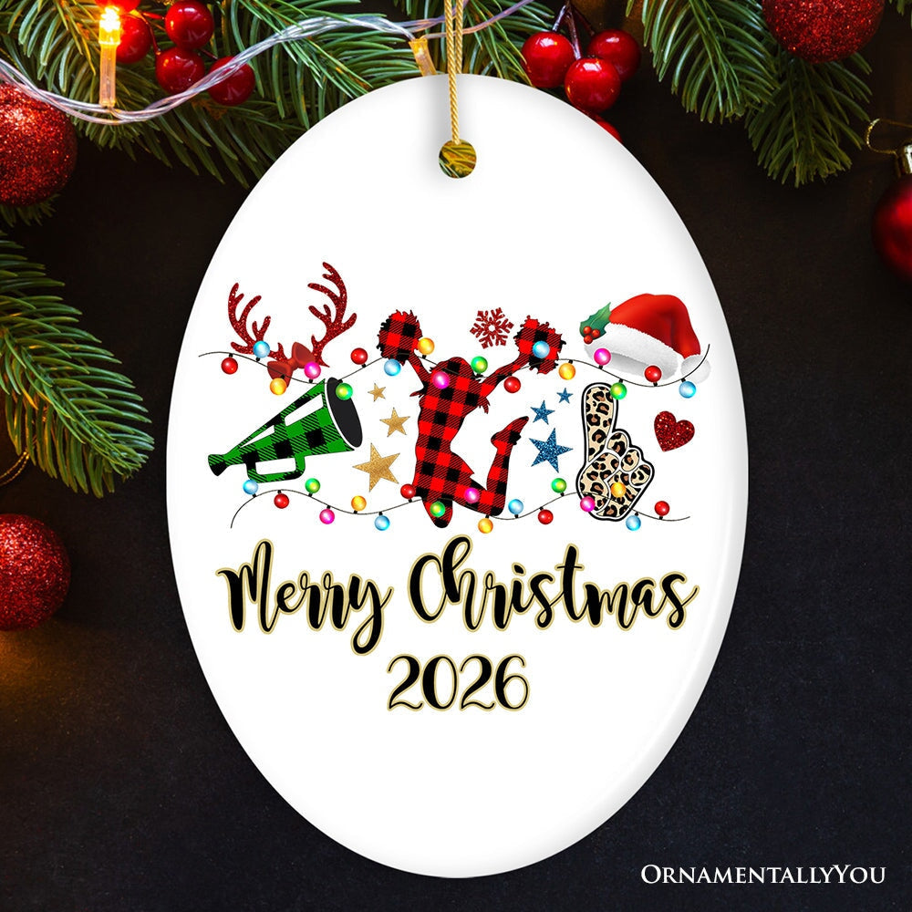 Personalized Cheer Buffalo Plaid Leopard Merry Christmas Ornament, Cheer Team or Coach Gift