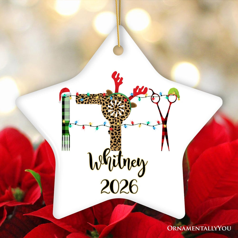 Personalized Hairdresser Buffalo Plaid Leopard Merry Christmas Ornament, Stylist Gift