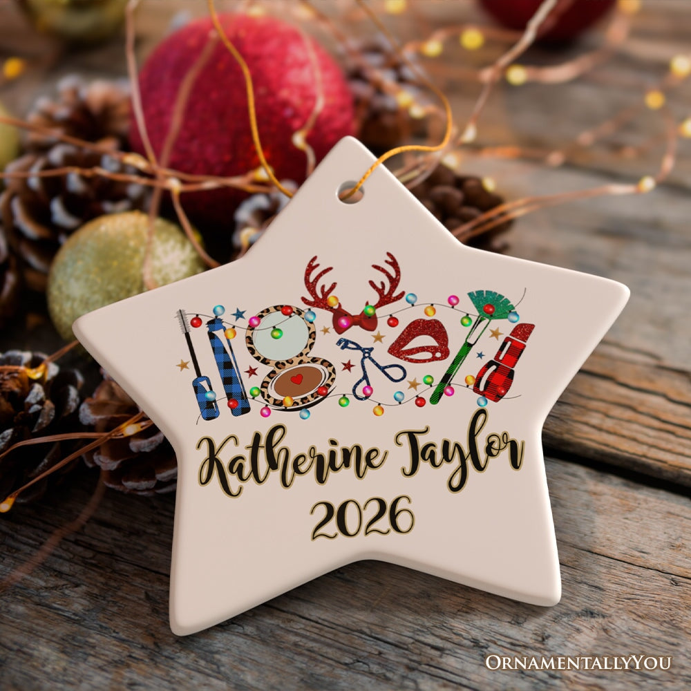 Personalized Makeup Artist Buffalo Plaid Christmas Ornament, Cosmetologist Beauty and Cosmetics Gift
