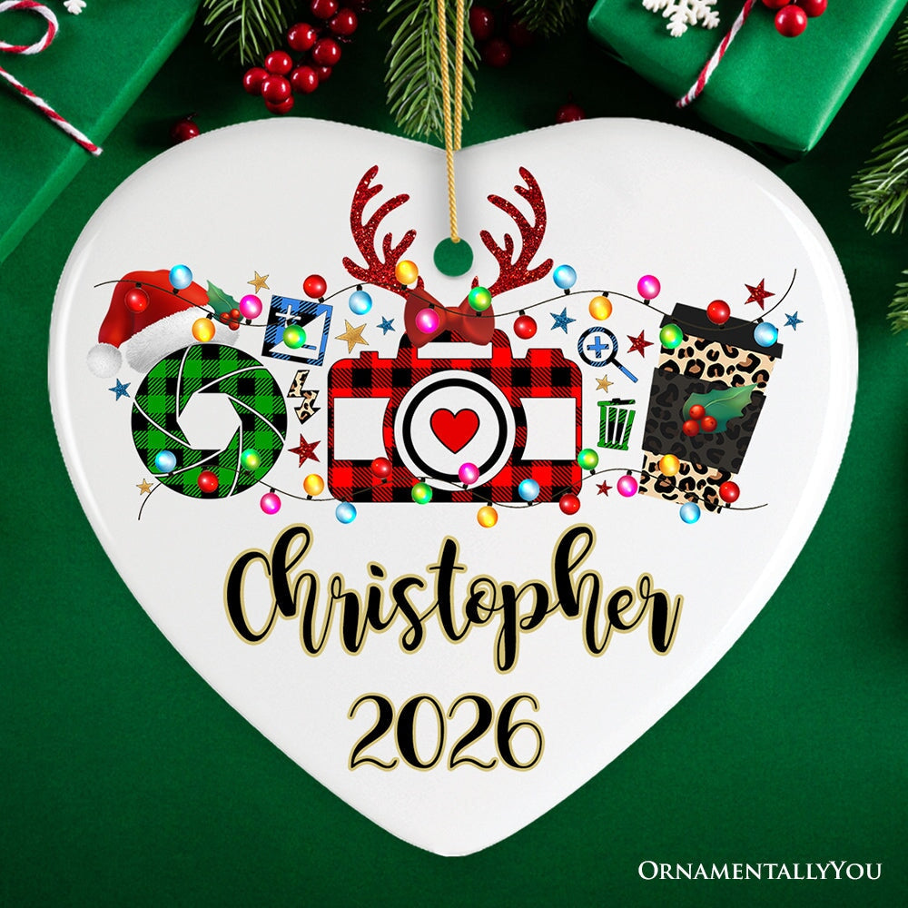 Personalized Photographer Buffalo Plaid Christmas Ornament, Photography Accessories like Camera, Holiday Gift