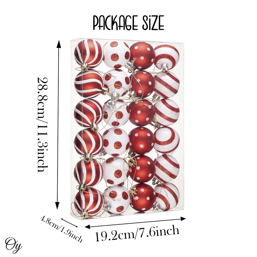 Polka Dot and Candycane Color Style Ornament Ball Bundle, Set of 24 Red and White Patterned Christmas Baubles