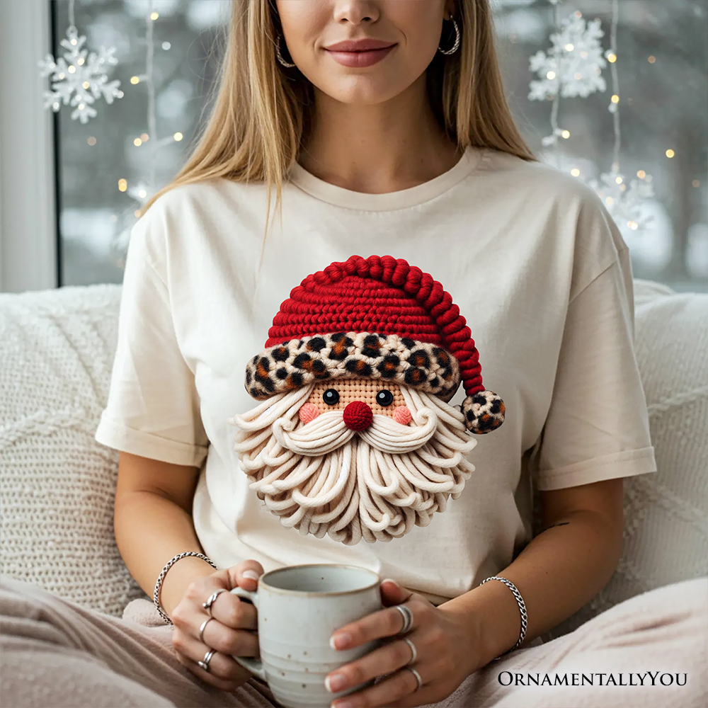Santa Leopard Hat Christmas T-Shirt, Imitation Latch Hook Yarn Cozy Tee
