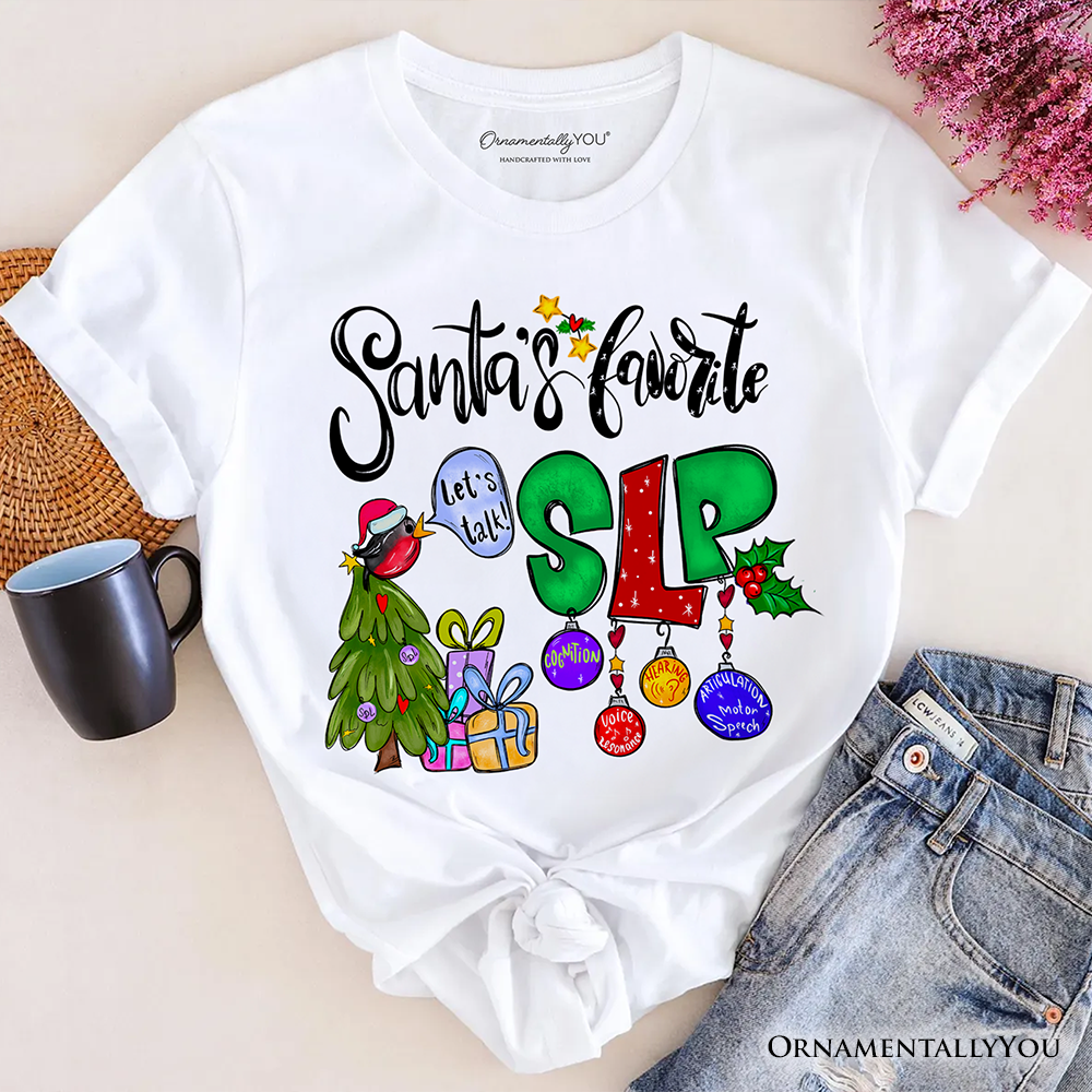 Santa’s Favorite SLP T-Shirt, Festive Christmas Tee for Speech Therapists