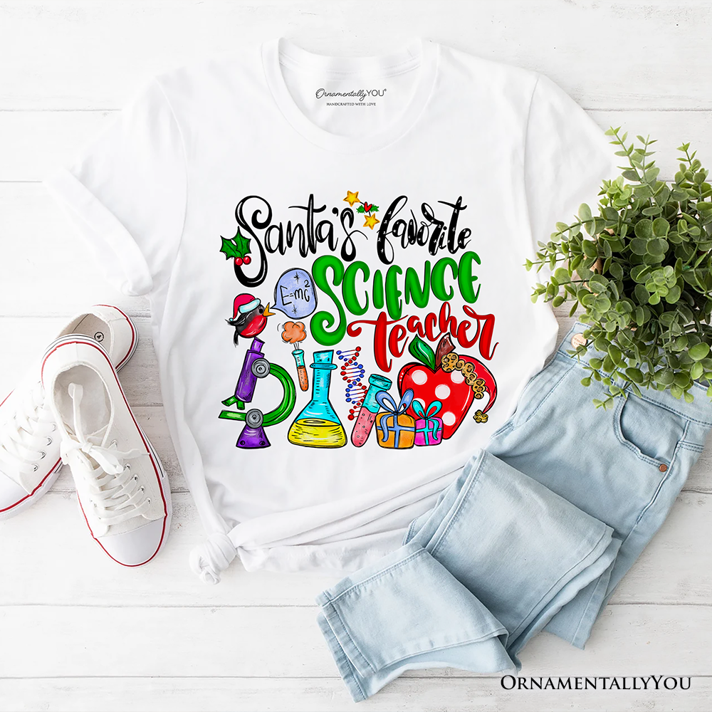Santa’s Favorite Science Teacher T-Shirt, Fun Holiday Classroom Tee