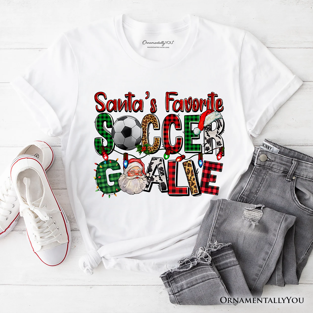 Santa’s Favorite Soccer Goalie Plaid Christmas T-Shirt, Sports Team Holiday Tee