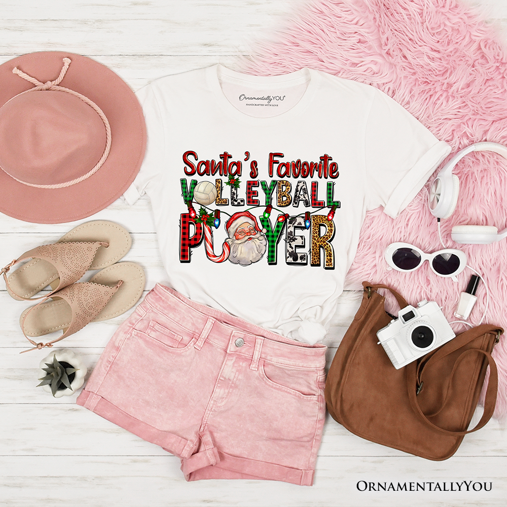 Santa’s Favorite Volleyball Player Plaid Christmas T-Shirt, Sports Team Holiday Tee