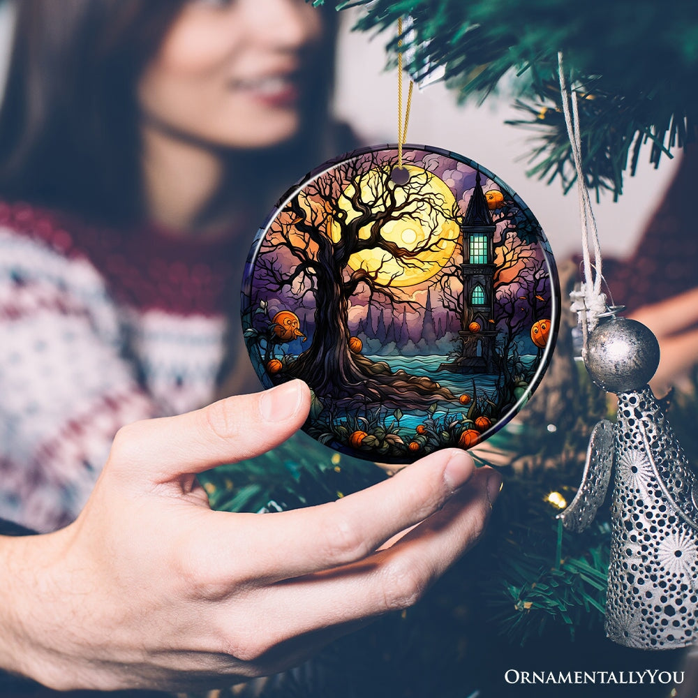 Spooky Tree & Haunted House Stained Glass Style Ceramic Ornament, Halloween Themed Christmas Gift and Decor