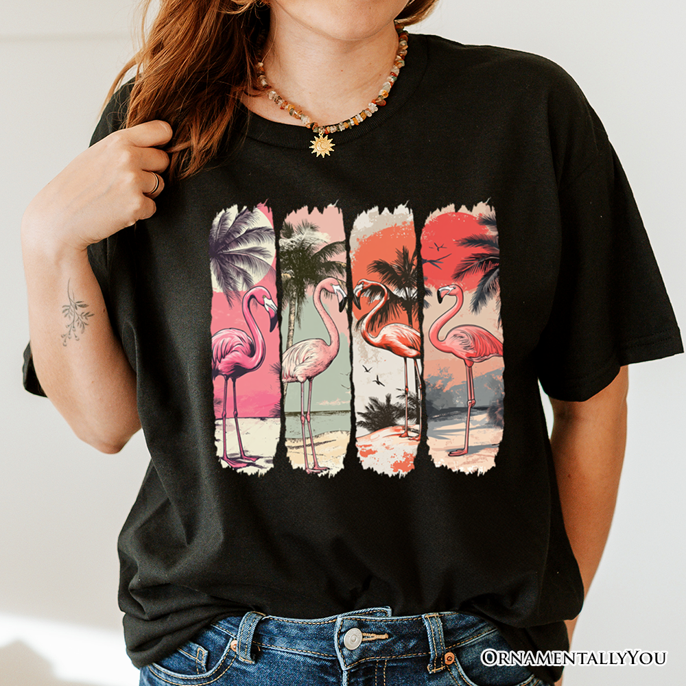 Summer Flamingo Beach T-Shirt, Retro Vacation Black Tropical Sunset Tee