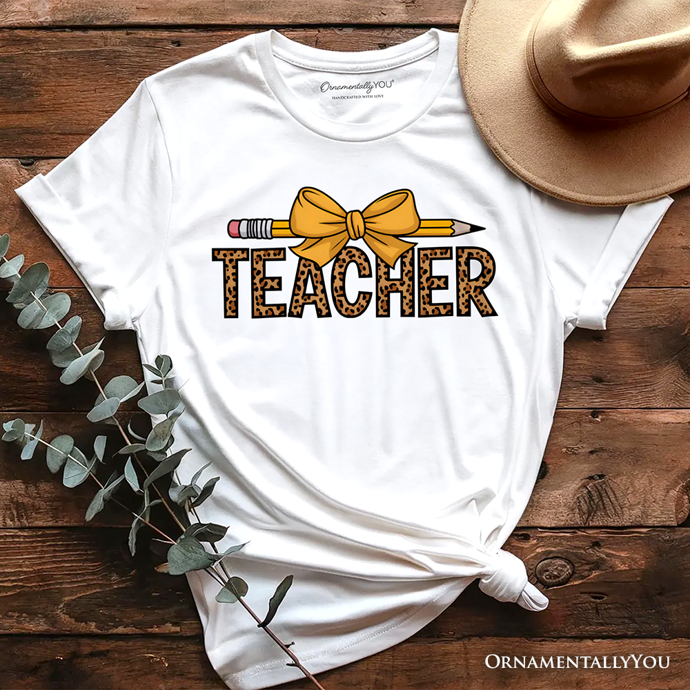 Teacher Leopard Pencil T-Shirt, Coquette Bow Retro Classroom Tee for Educators