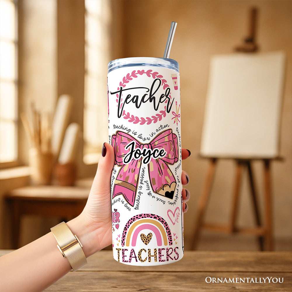 Teacher Life Pink 3D Inflated 20oz tPersonalized Tumbler With Lid and Stainless Steel Straw, Educator Appreciation Gift Cup