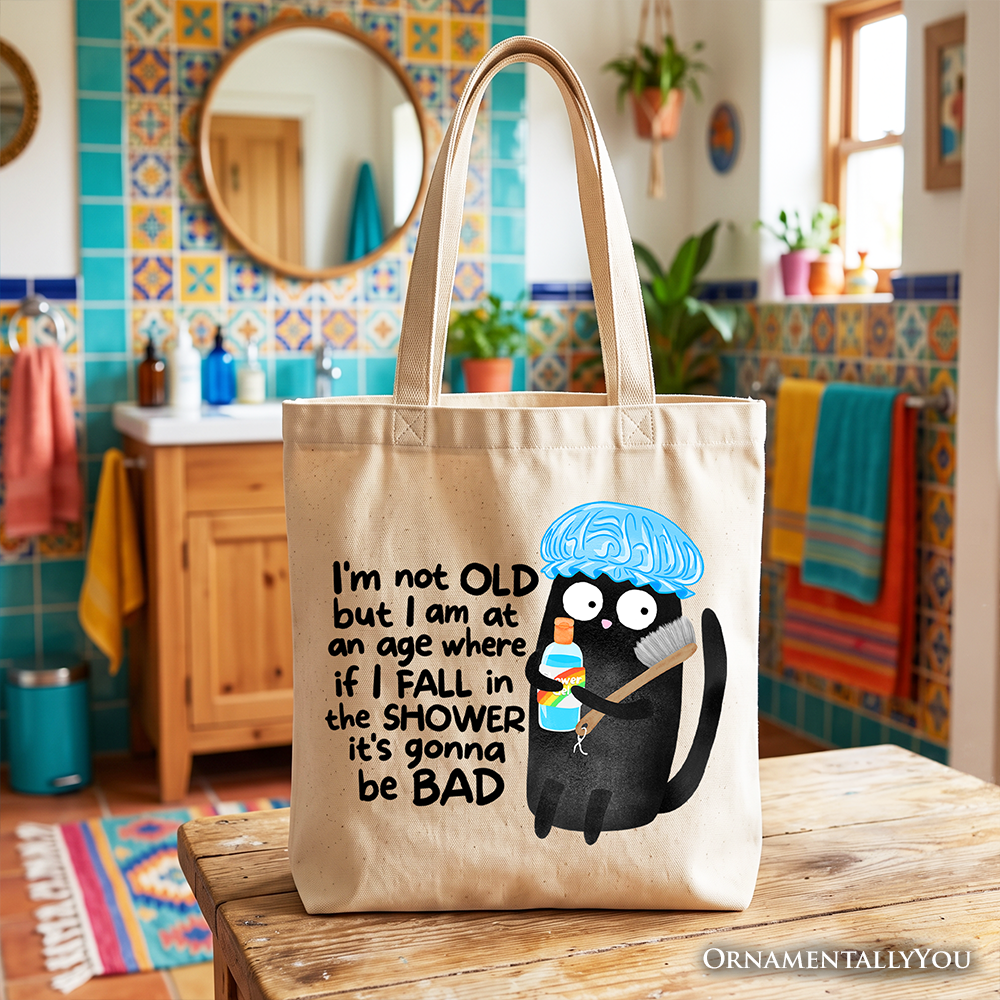 Old Black Cat Sarcastic Tote Bag, Funny Shower Phrase Gift Shopper