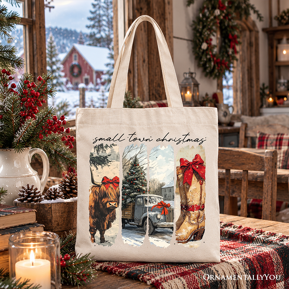 Small Town Christmas Tote Bag, Highland Cow Rustic Western Cowgirl Holiday Gift Shopper