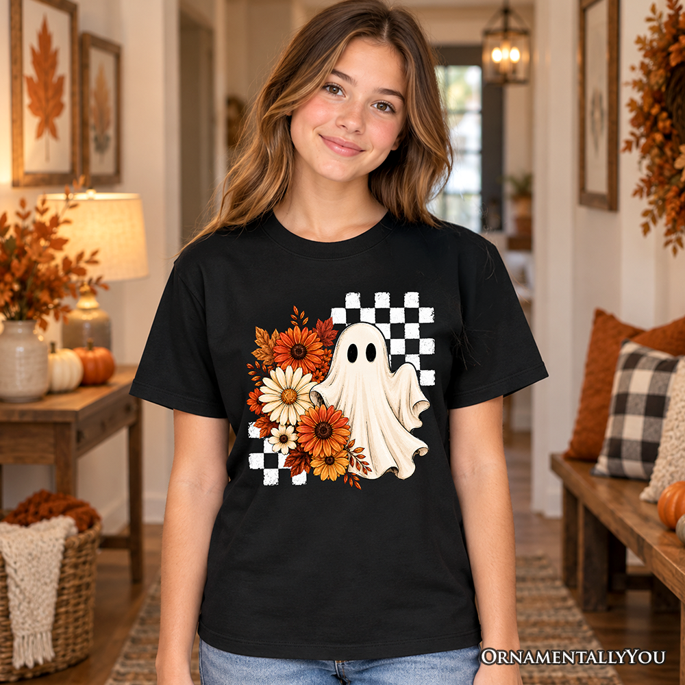 Kids Checkered Floral Ghost T-Shirt, Vintage Fall Halloween Daisy Youth Tee