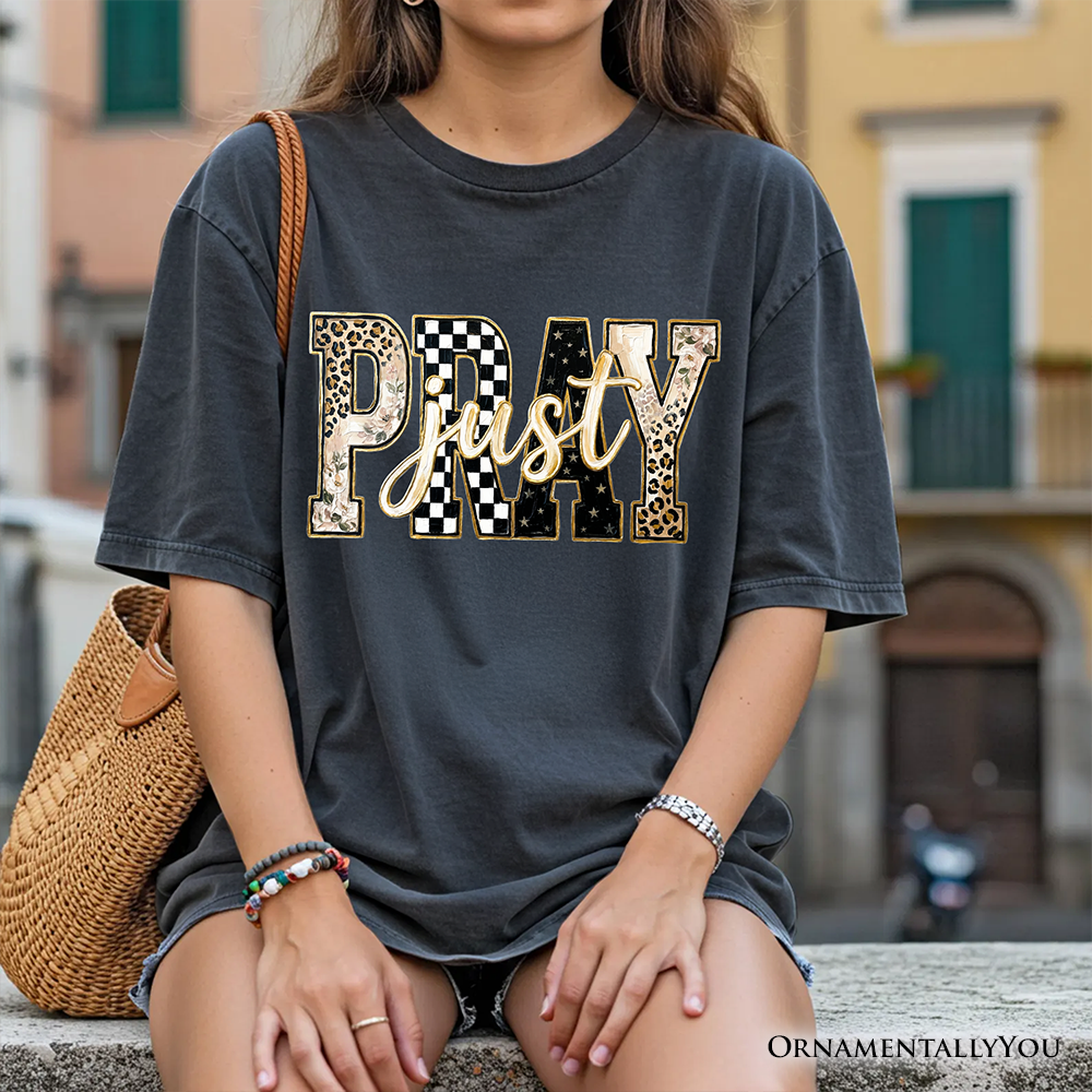 Just Pray Christian Varsity T-Shirt, Retro Leopard Checkered Faith Tee