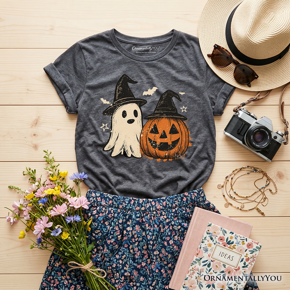 Kids Witch Hat Ghost and Pumpkin T-Shirt, Vintage Halloween Jack O’ Lantern Youth Tee