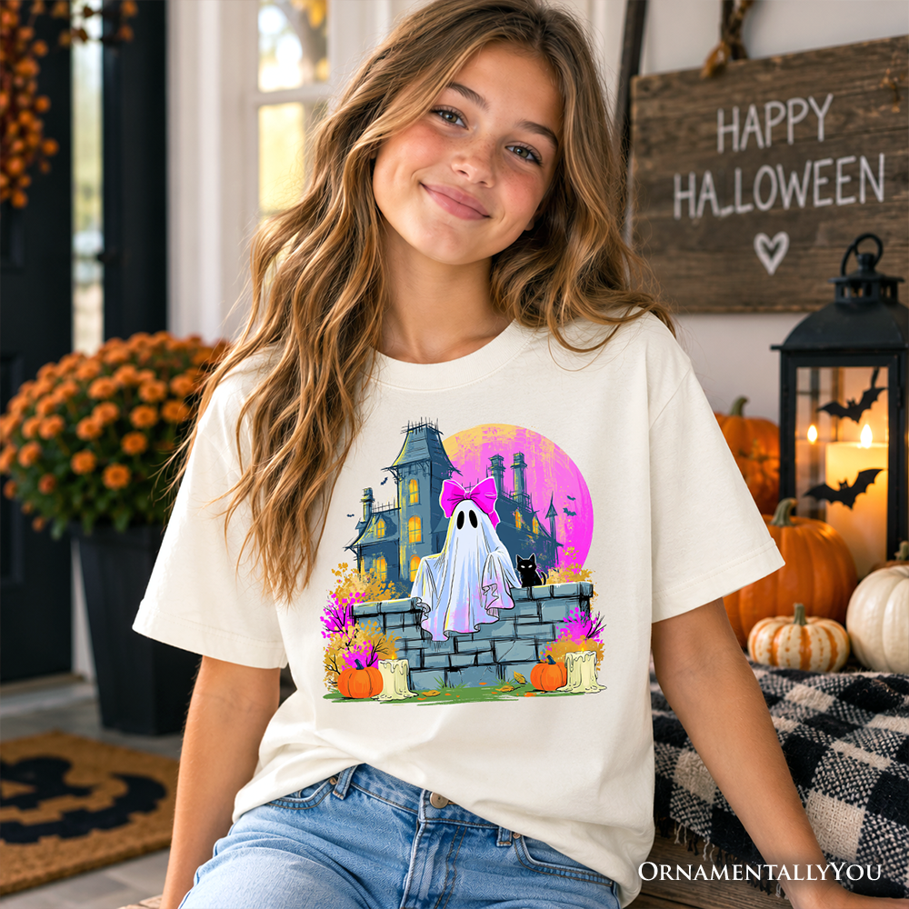 Haunted House Ghost Kids T-Shirt, Coquette Bow Halloween Tee for Youth Girls