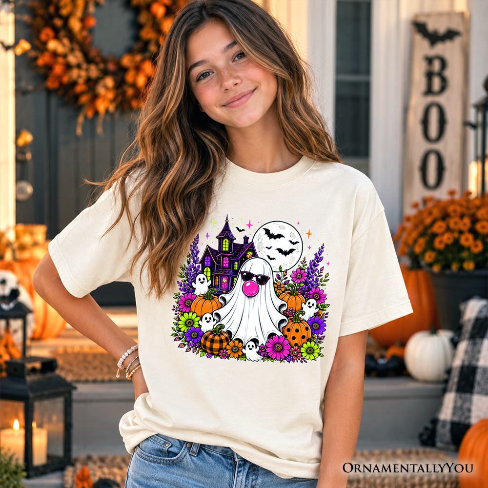 Kids Bubblegum Ghost Haunted House T-Shirt, Colorful Floral Halloween Pumpkin Youth Tee