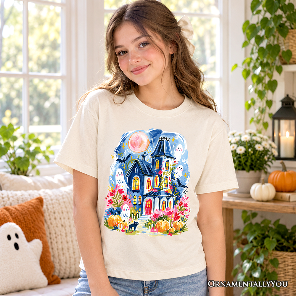 Kids Watercolor Haunted House T-Shirt, Colorful Ghost Pumpkin Halloween Youth Tee