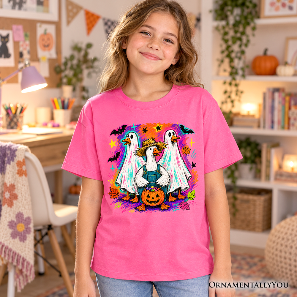 Kids Trick or Treat Geese T-Shirt, Colorful Halloween Ghost Costume Youth Tee