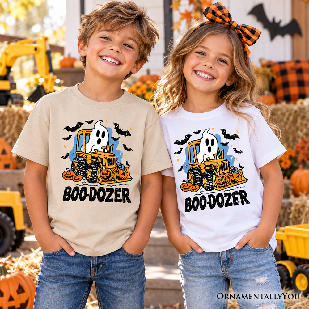 Boo Dozer Kids T-Shirt, Funny Halloween Construction Vehicle Tee for Youth Boys