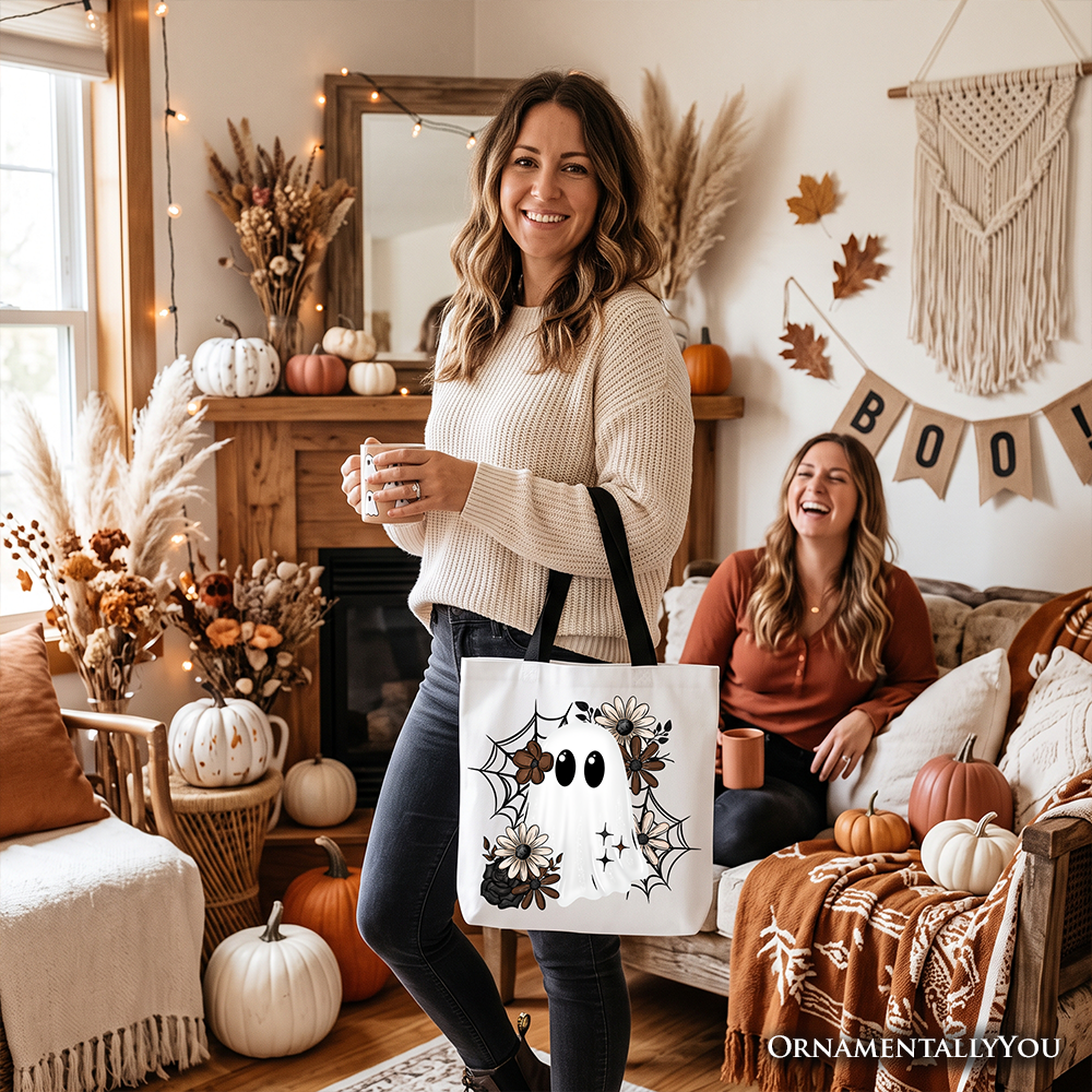 Floral Ghost Tote Bag, Neutral Boho Halloween Spider Web Gift Shopper