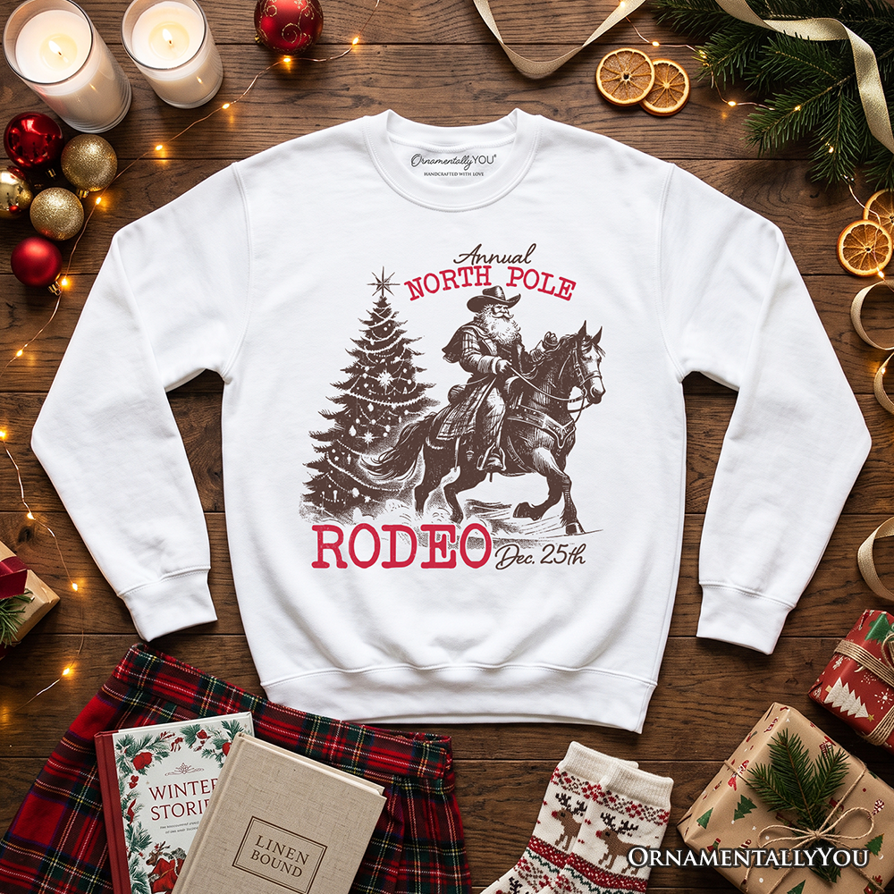 Annual North Pole Rodeo Sweatshirt, Funny Cowboy Santa Christmas Sweater for Country Lovers