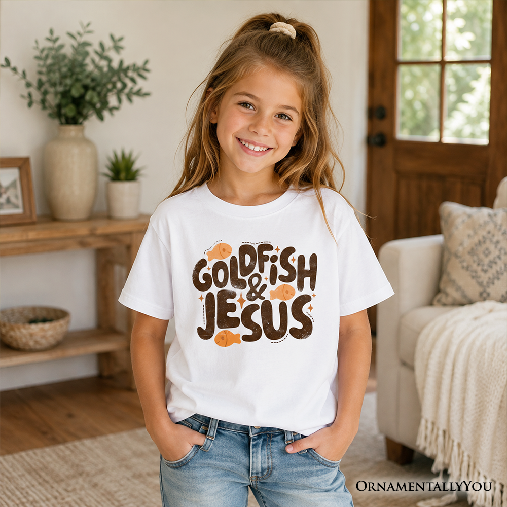 Goldfish and Jesus Kids T-Shirt, Retro Funny Christian Faith Tee for Youth