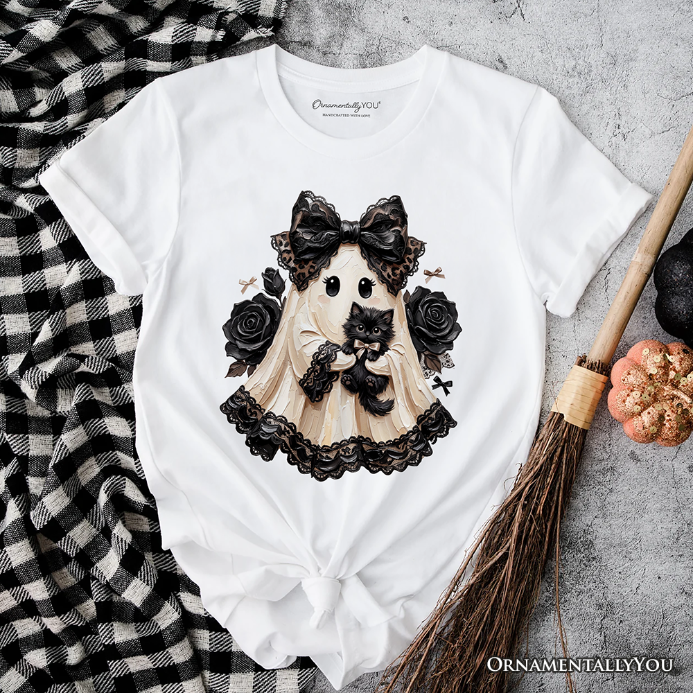 Gothic Ghost with Black Cat T-Shirt, Black Rose Coquette Halloween Tee