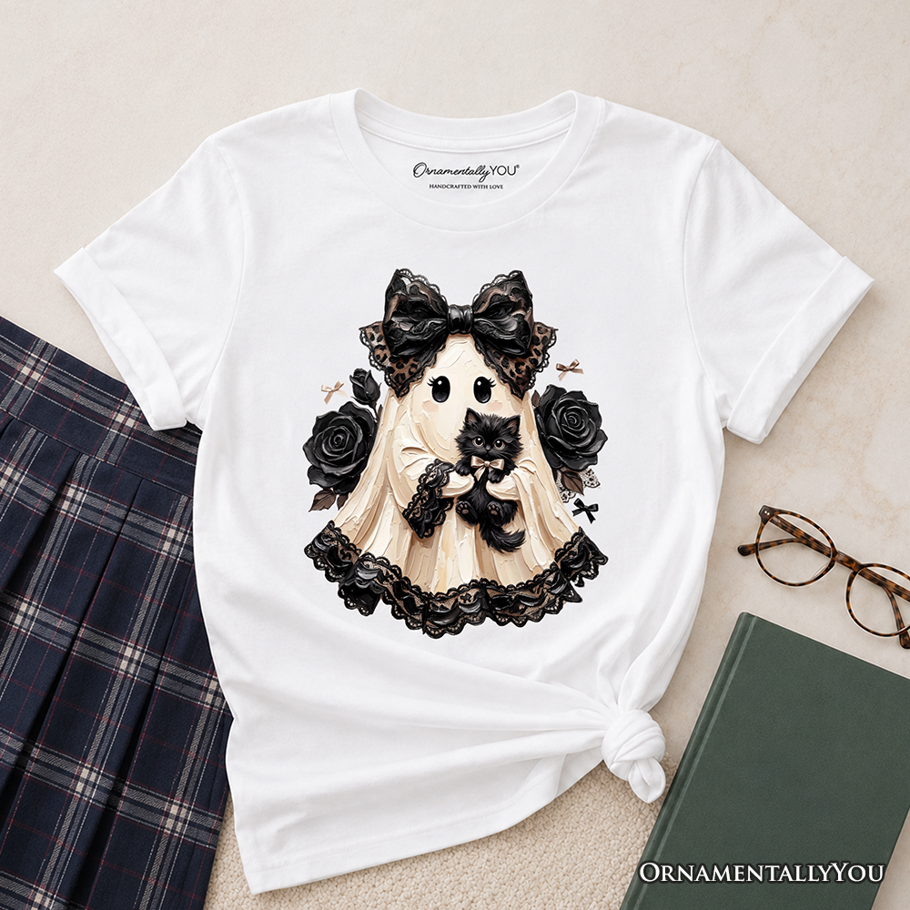 Kids Gothic Ghost with Black Cat T-Shirt, Black Rose Coquette Halloween Youth Tee