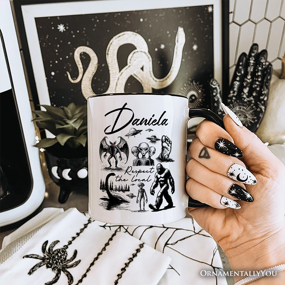 Respect The Local Cryptid Squad Personalized Mug, Funny Bigfoot Alien Mothman Meme Gift with Custom Name