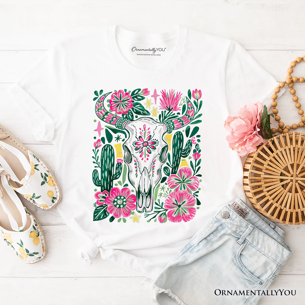 Western Floral Cow Skull T-Shirt, Boho Cowgirl Wildflower Cactus Tee