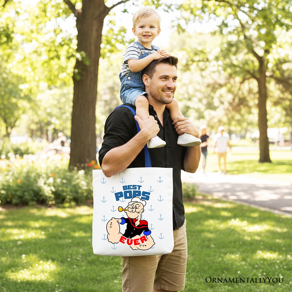 Best Pops Ever Canvas Tote Bag, Classic Popeye the Sailorman Dad Gift Bag for Fun and Strong Dads