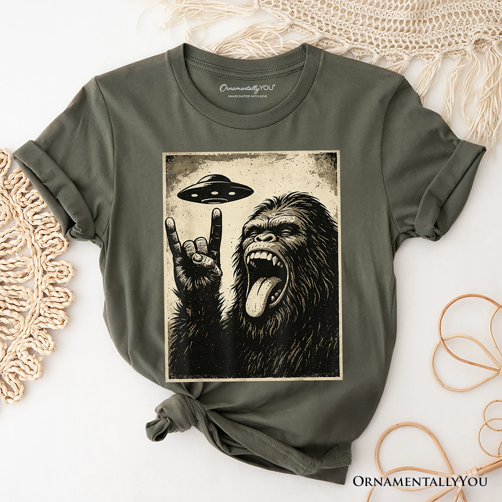Bigfoot UFO Funny T-Shirt, Rock and Roll Sasquatch Meme Tee