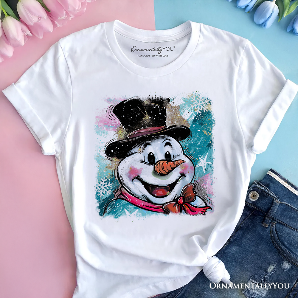 Brushstroke Cute Snowman T-Shirt, Preppy Merry Christmas Glitter Holiday Tee