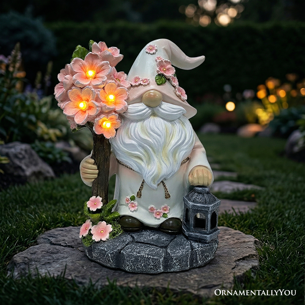 Cherry Blossom Gnome Solar Garden Statue, 8" Figurine and Floral Outdoor Decor