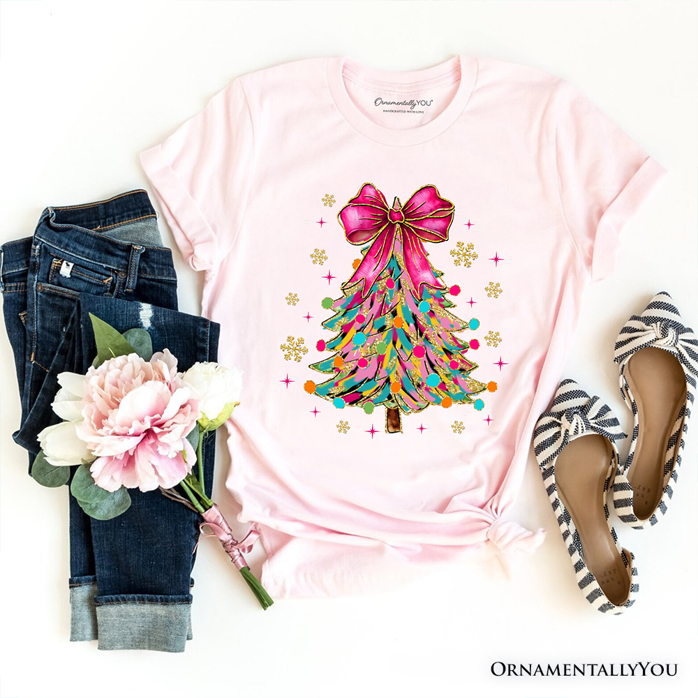 Colorful Glitter Christmas Tree Pink Bow T-Shirt, Pink Bow Coquette Holiday Tee