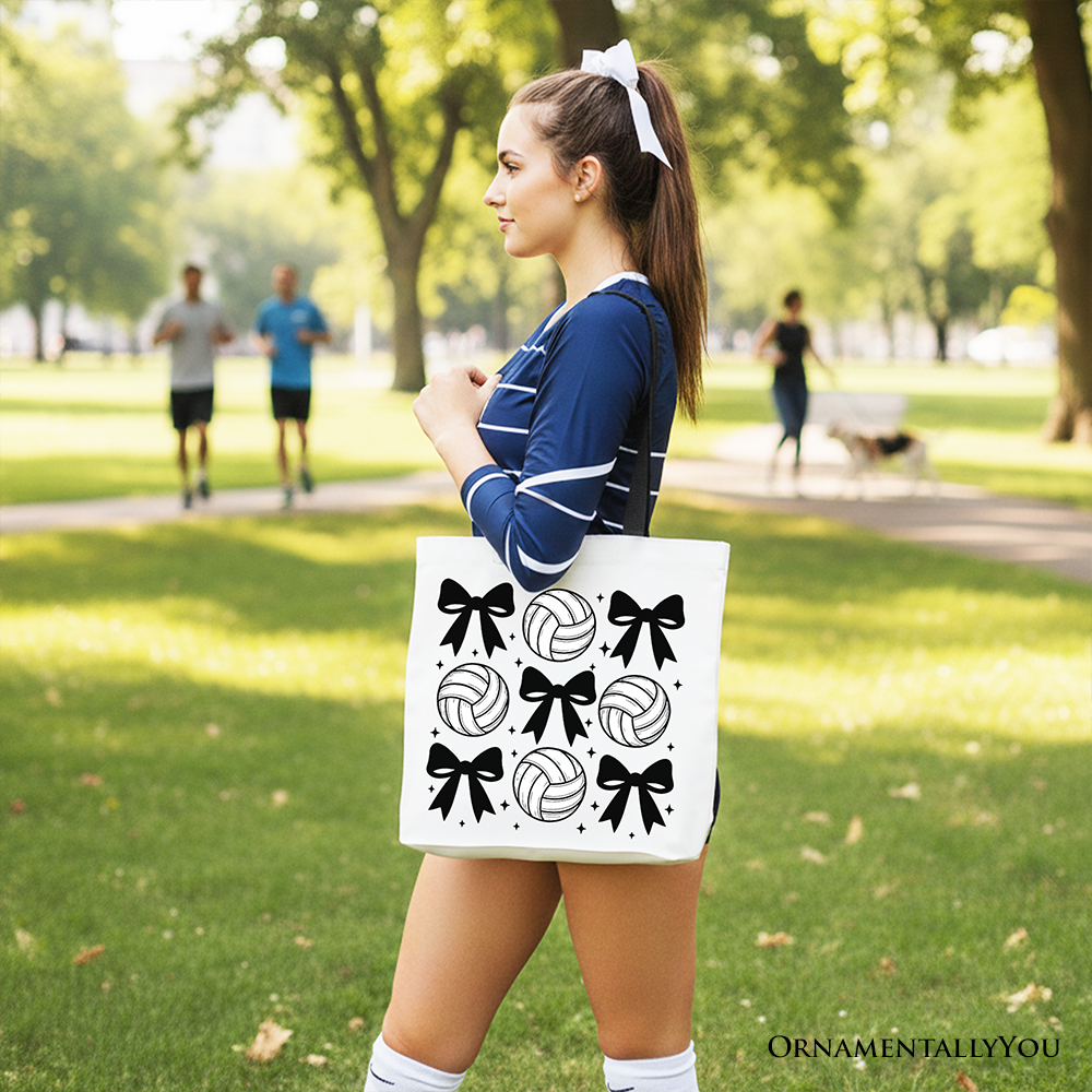 Coquette Volleyball Bows Canvas Tote Bag, Cute Athletic Sports Game Day Gift Shopper