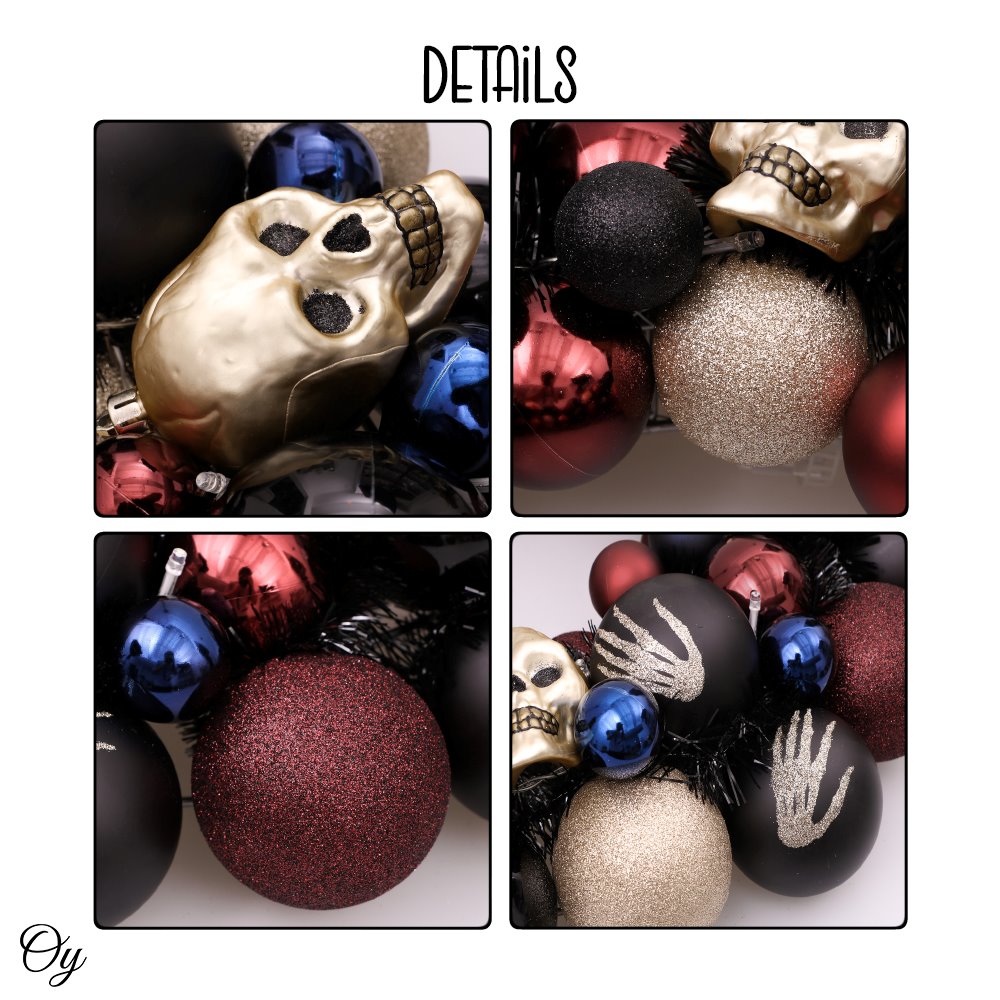 Creep and Glitter Spooky Wreath with Skeleton Skull Baubles, Black, Maroon and Gold Colors with Shiny Glitter