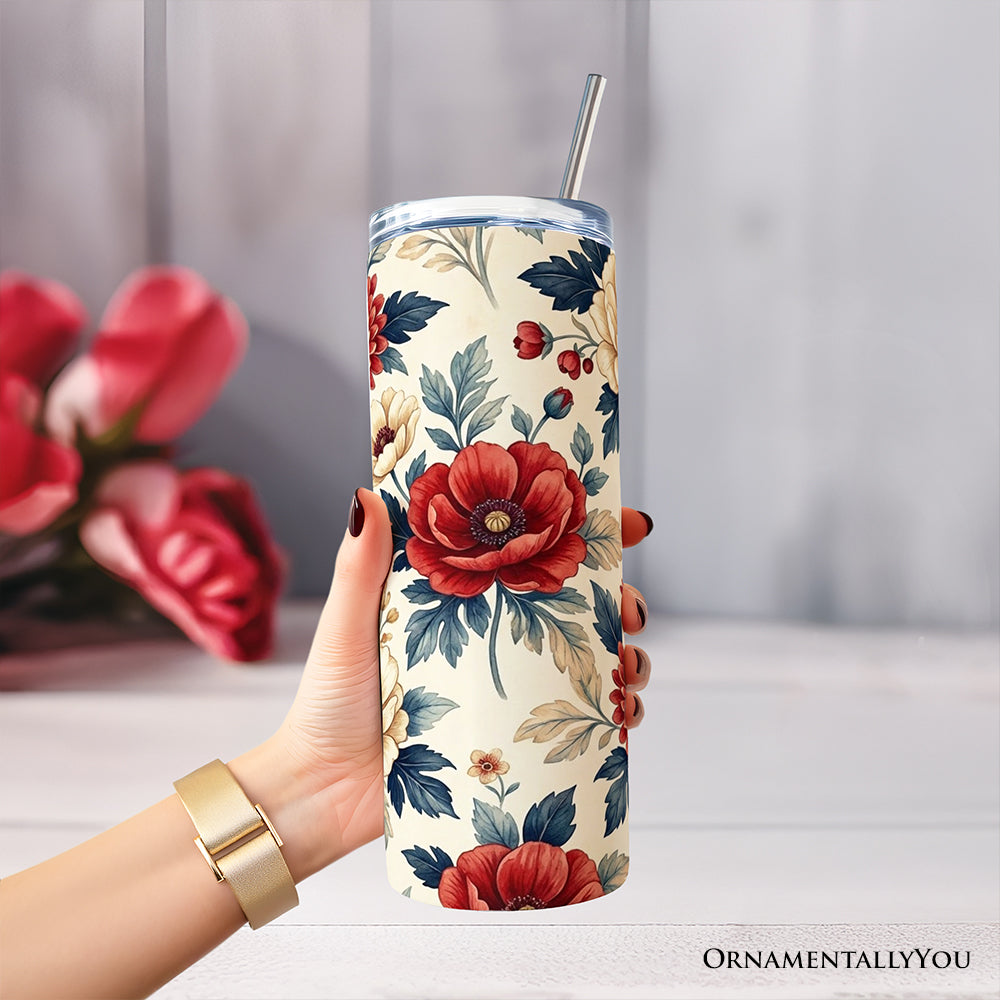 Elegant Red and Cream Flowers 20oz Personalized Tumbler With Lid and Stainless Steel Straw, Classic Floral Pattern Gift Cup