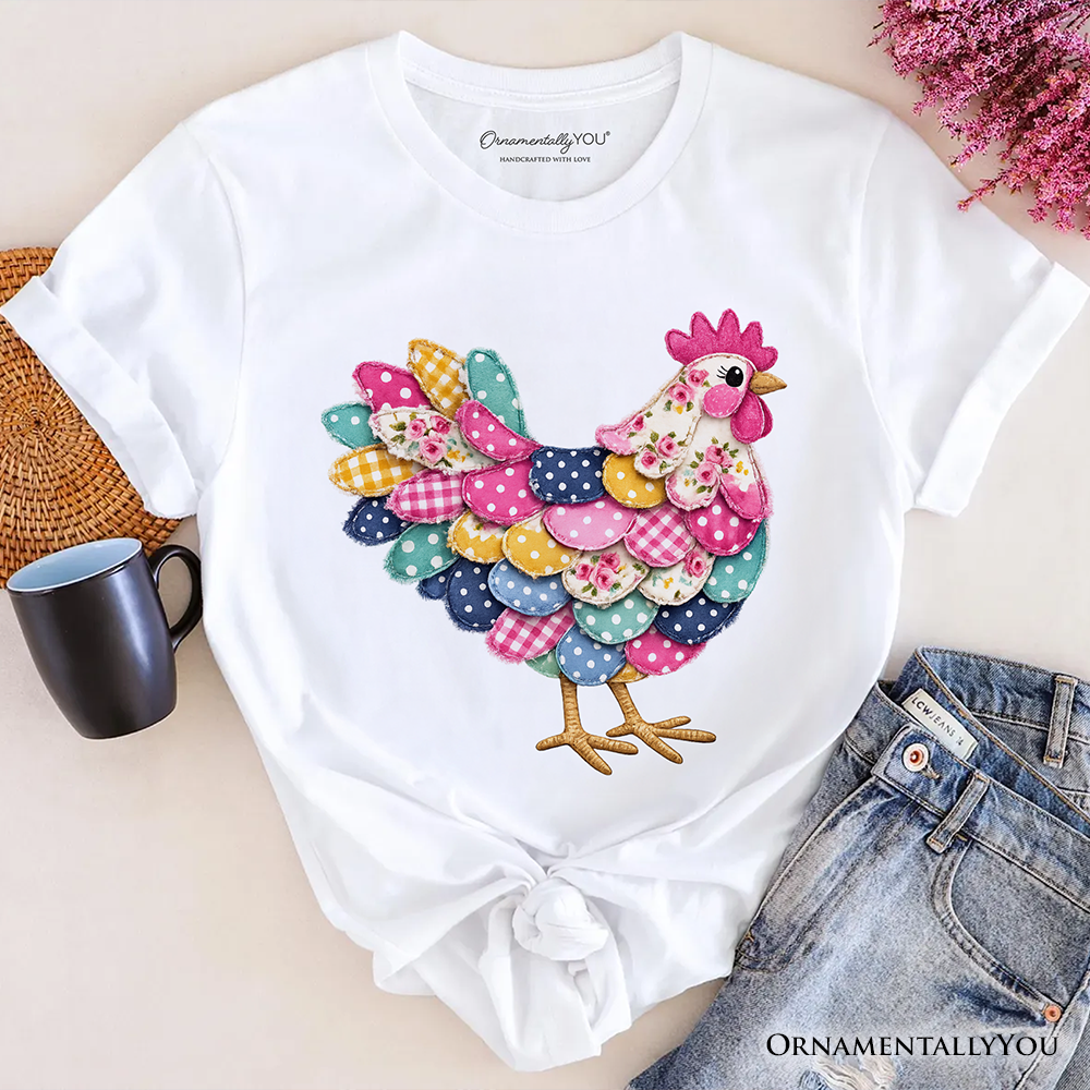 Floral Chicken Printed Faux Patchwork T-Shirt, Coquette Hen Farmhouse Tee